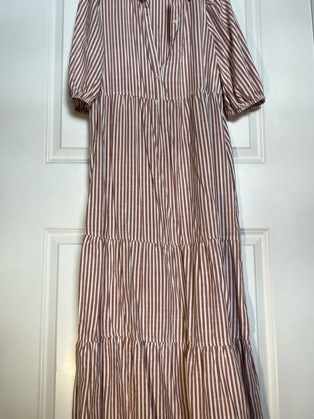 Max Studio Rose and White Striped Tiered Maxi Dress